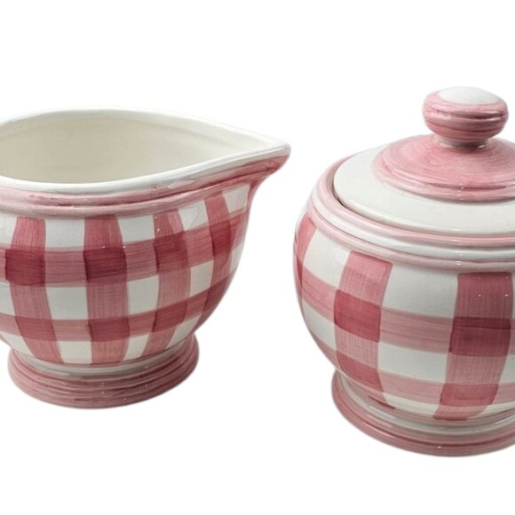 Vintage Cracker Barrel Creamer & Sugar Ceramic Pink White Gingham Plaid - Picture 3 of 11